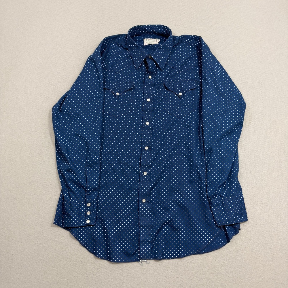 H Bar C Western Shirt 17.5 Blue Polka Dot California Ranchwear Pearl Snap 70s